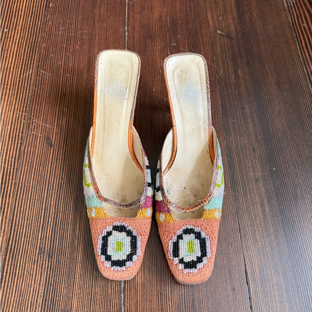Fendi Beaded Multicolor Slip-On Heels in Peach, Black, White, Lime